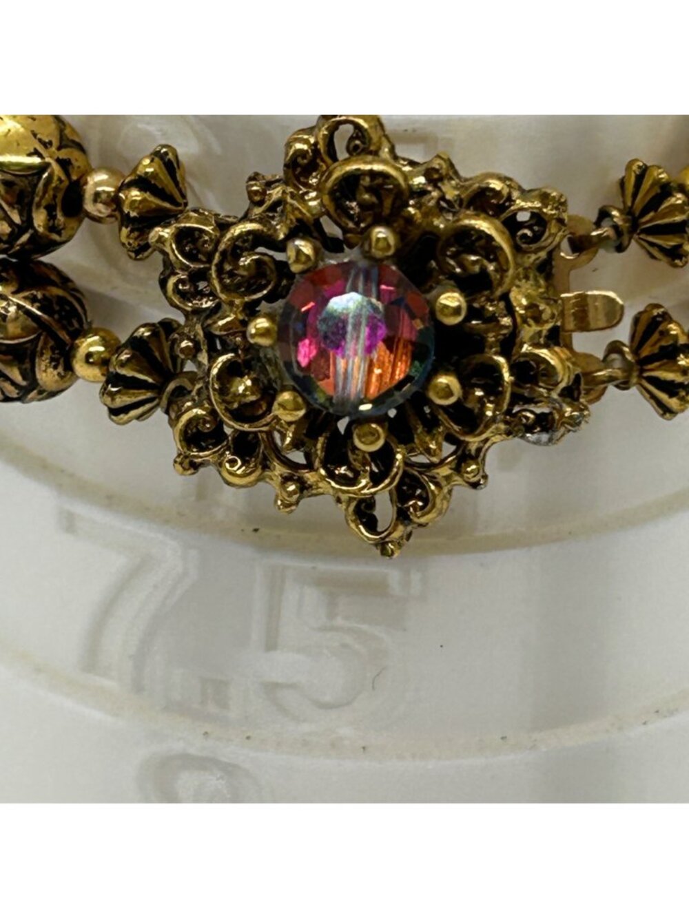 Vintage 1950s Double Strand Gold Rosette Aurora Borealis AB Crystal Bracelet - Picture 11 of 11